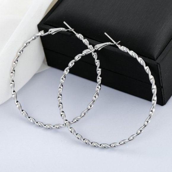 Silver Toned Twisted Hoop Earrings 2"Dia - Picture 1 of 2